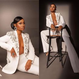 Silver Beading Women Pants Suits Wedding Blazer For Parties Wear White Custom Made Jacket Set 2 Pieces