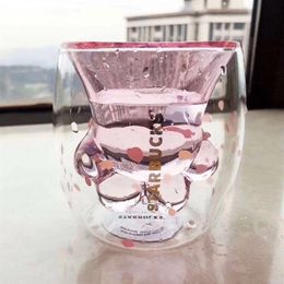 Gift Product Limited Eeition Cat Foot Starbucks Mugs Coffee Mug Toys Sakura 6oz Pink Double Wall Glass Cups278f