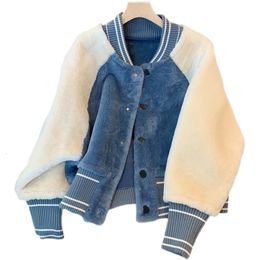 Womens Wool Blends Winter Jacket Blue Splicing Y2K Baseball Coat Women Faux Teddy Fur Basic Female Fashion Vintage Harajuku Kawaii 230905