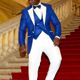 Slim fit Men Suits for Wedding 3 piece Royal Blue Jacket Vest with White Pants Man Fashion Groom Tuxedos with Notched Lapel326V