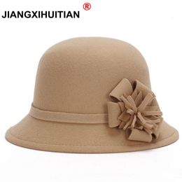 Wide Brim Hats Bucket Hats Ladies Women Vintage Imitation Wool Rose Flower Felt Fedora Hat Fall Winter Cloche Bucket Cap Dome 6 Color 230905