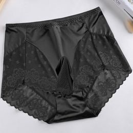 Underpants Gay Men Silky Satin Briefs See Through Lace Underwear Sexy Panties Solid Colour Silk Men's Cotton