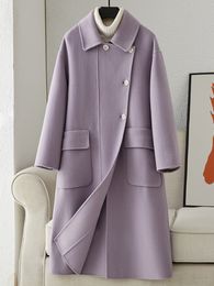 Womens Wool Blends AutumnWinter Double sided Cashmere Coat Mid length Purple Hepburn Style High end Woollen 230905