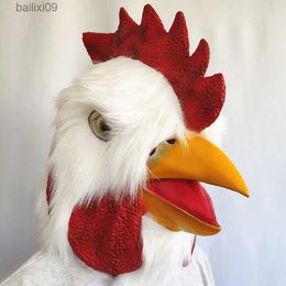 Party Masks Funny Chicken Head Cosplay Mask Latex with Fur Animal Halloween Party Costume Masks Adult One Size T230905