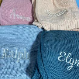 Blankets Cotton Knitted Blanket Personalized Embroidered Name Baby Boy Girl Soft Shower Breathable Stroller 230905