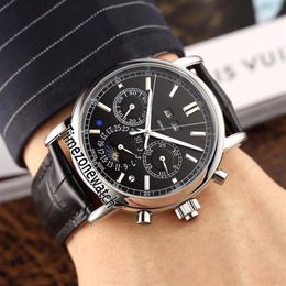 New 5204P-011 Automatic Mens Watch Moon Phase Super Complicated Steel Case Black Dial Perpetual Calendar Watches Leather Timezonew281Q