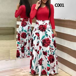 Basic Casual Dresses Plus Size Women's Autumn Print Stitching Flower Long Banquet Dress Red Bodycon Dress Elegant Sexy Woman Super Long Dresses 230904