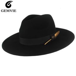 Wide Brim Hats Bucket GEMVIE 100 Wool Felt Hat Cowgirl Fedora For ManWomen Striped Feather Band Autumn Winter Panama Jazz Cap 230905