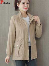 Womens Trench Coats Korean Women Casual Lapel Drawstring Windbreake Spring Loose Gabardina Khaki Midlength Jacket Big Size 4xl Abrigos 230904