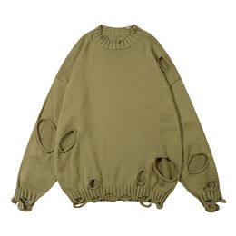 Men's Sweaters Solid Colour Ripped Hole Pullover Sweaters for Men and Women Y2k Crew Neck Ropa Hombre Baggy Woollen Clohtes Oversized Sueter 230904