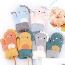 Mitten For Children Cute Cartoon Dinosaur Warmer Thick Knitted Mittens Baby Hanging Neck Winter Glove Soft Kids Gloves R Dhmty Drop De Dhx8S