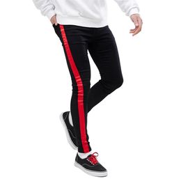 Side Stripe Red White Men Jeans Skinny Stretch Black Slim Fit Pants Tapered Legging Pencil Biker Comfy2507