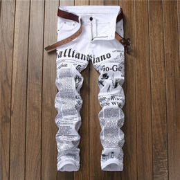 Men autumn hip hop Jeans Denim Pants Classic Newspaper letter printed casual slim Cowboys trousers Man Young fashion white273R