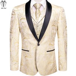 Mens Suits Blazers HiTie Beige Khaki Suit Vest Shawl Lapel Tuxedo Jacket Half Flat Collar Neck Tie Hanky Cufflinks Wedding Prom 230904