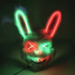 Party Masks Cosplay Decorative Performance Prop Luminous Bloody Rabbit Plush Bunny Mask Lighting Up Headgear Halloween Horror Bear Mask T230905