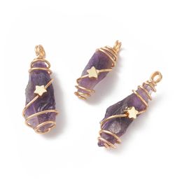 Irregular Stone Winding Pendant Natural Crystal Amethyst Pink Crystal Topaz Charms for Making Earring Necklace