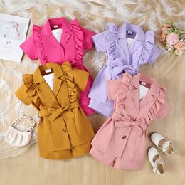 Spring/Summer Girls' Set Children's Strap Bottom Solid Colour Polo Neck Short Sleeve Suit And Three Piece THREE Piece Sets Girls Gift Sets Three Sets Big Size