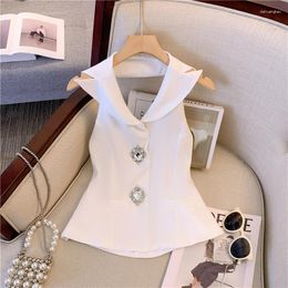 Women's Tanks Women Slim Sexy Design Elegant Crop French Style Personality Summer Turn-down Collar Simple Pure Ladies All-match Office