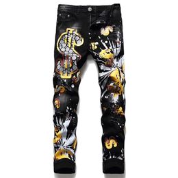 Trendy Money Icon Printed Jeans Men Black Gold Four Season 2021 Slim Fit Jeans Pants Hip Hop Dance Party Denim Fashion Jeans X0621281T