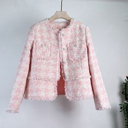 Womens Wool Blends Pink Houndstooth Small Fragrant Tweed Jacket Women Autumn Winter High Quality French Socialite Temperament Cardigan Casacos 230905