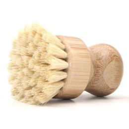 Handheld Wooden Brush Round Handle Pot Brush Sisal Palm Dish Bowl Pan Cleaning Brushes Kitchen Chores Rub Cleaning Tool Top