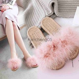 Slippers 2020 fashion Women Ostrich Feather Slippers Fluffy Summer Slides Flat Home Flip Flops Fuzzy Casual Party X0905