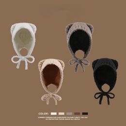 Beanie/Skull Caps Korean Version INS Cute Bear Ears Warm Bomber Beanie Hat Lady Autumn and Winter Cute Windproof Face Small Earmuffs Knitted Cap 230905