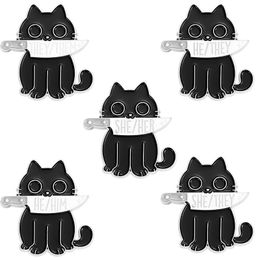 Classic Black Killer Cat Enamel Pins Funny Animal Kitten Knife Brooches Shirt Coat Lapel Badge Cartoon Jewellery Gift for Friend