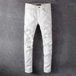 Men's White Crystal Holes Ripped Jeans Fashion Slim Skinny Rhinestone Stretch Denim Pants Hole Patch Tight Slim Skinny Jeans1260i