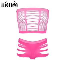 Iiniim Womens Sexy Lingerie Sets Breast Hollow Out Sissy Club Clothes Sleeveless Fishnet Crop Top With Briefs Panties Underwear Br256S