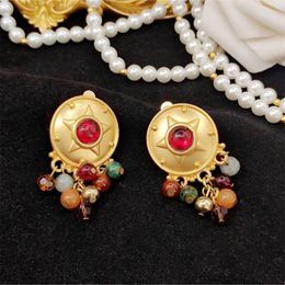 Backs Earrings Retro Antique Style Glass Round Bead S925 Silver Alloy Electroplated Gold Female Ear Clip