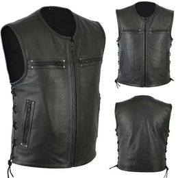 Men's Vests Men Motorcycle Leather Vest Solid Color Large Pocket Sleeveless Biker Jackets Vintage Casual Vest Male Plus Size S-5XL 230904