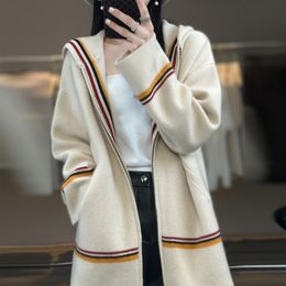 Womens Sweaters 100% Merino Wool Cardigan Hooded Collar Cashmere Coat Casual Knitted Thickened Jacket Fashion Korean AutumnWinter Top 230904