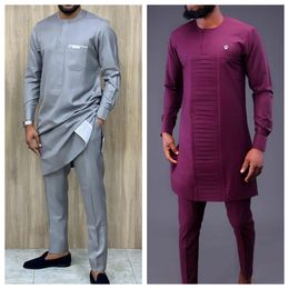 Men's Tracksuits Luxury Men's Suit Shirt and Pants Set of 2 Clothing Crew Neck Solid Color Festive Long Sleeves African Ethnic Style M-4XL 230904