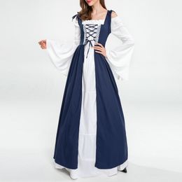 Basic Casual Dresses Corset Maxi Dress Slash Neck Women Drawstring Long Medieval Renaissance Style Flare Sleeve Off Shoulder Vacation Outfit 230905