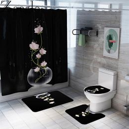 Non Slip Toilet Seat Cover Bath Mat Polyester Waterproof Shower Curtain Set Bathroom Carpet Home Decor Bathroom Foot Mat T200624290o