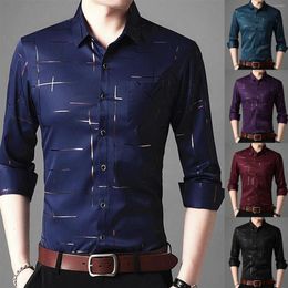 Men's Dress Shirts Spring Autumn Men Tops Long Sleeve Turn Down Collar Stripes Single-breasted Social Business Shirt Casual S215f