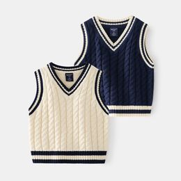 Waistcoat Autumn Winter Children Boys Vest College Style Knitted Border Sleeveless Sweater Cotton Warm Stretch Pullover Kids Boy Vest 230904