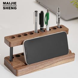 Storage Holders Racks Multifunction Walnut Pens Holder Soild Wood Desktop Storage Organizer Phone Stand Creative Office School Accessories 230905