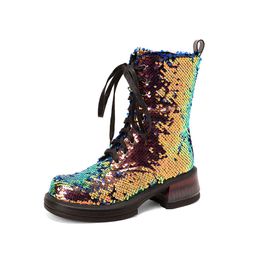 Winter Platform Boots Women Shoes Bling Colourful 4cm Chunky Heel Plush Warm Lace-up Ankle Boots Shoes Woman Boats For Girls Party Shoes 35-43
