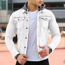 Men's Jackets Fashion Winter Denim Jacket Men Autumn Men's Casual Hooded Jacket Stitching Slim Cardigan Y2k Solid Colour Top Coat Outerwear 230905