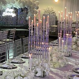 9 Arms Acrylic Clear suqare bottom Candelabra Centerpieces for Wedding, Pillar Taper Candlesticks Candle Holders without Acrylic Shade 985