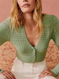 Womens Sweaters Autumn Women Hollow Out Crochet Hook Cardigan Green Elegant Female Wave Trim VNeck Puff Sleeve Single Breasted Sweater 230904