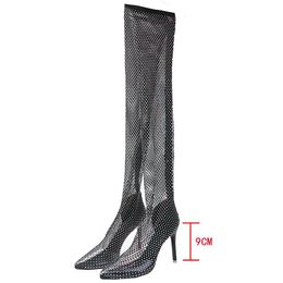 Women Hollow Out Full Sandals Full Rhinestone Mesh Summer Boots Woman Thigh High Over The Knee Sandals Transparentes For Girls Party Shoes 35-42