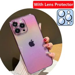 Şeker Renk Bling Glitter Gradient Aurora Lazer Şeffaf Yumuşak Net TPU Kılıfları Kamera lens Film Koruyucu ile Şok geçirmez Kapak İPhone 15 14 13 12 11 Pro Max