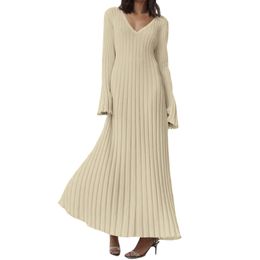 Basic Casual Dresses Women Knitted Long Dress Autumn Winter Elegant Pleated Aline Midi Female Vneck Ladies Ribbed Maxi Robe 230905