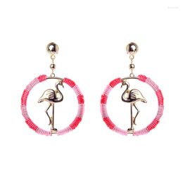 Dangle Earrings Flamingo Circle Drop Gold Color Pink Braided Rope Pendant For Women Summer Fashion Jewelry