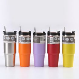 30oz stainless steel insulated cup, double layer vacuum car cup, large capacity cold insulation ice cream cup, car mounted straw cup