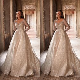 Sparkling Sequined Wedding Dress With Detachable Train V Neck Long Sleeve Custom Made Backless Bridal Gowns Vestido De Novia