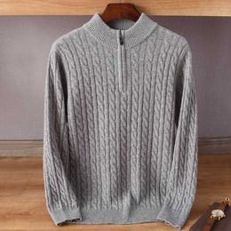 Knits men's solid Colour Fried Dough Twists sweater half high neck zipper pullover middle-aged base coat